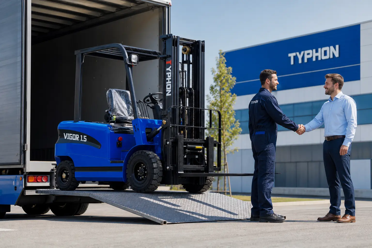 Electric forklift delivered and operating inside a large commercial warehouse facility in California